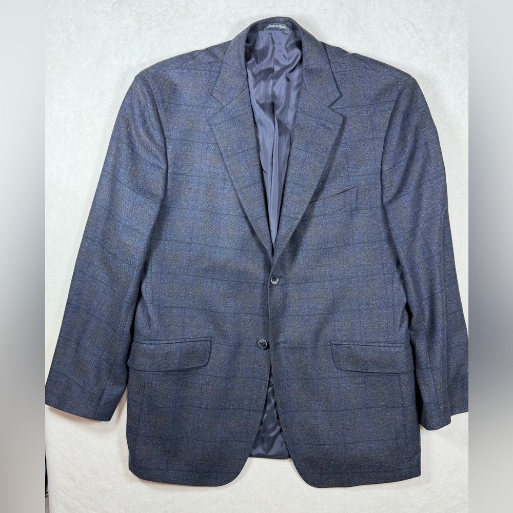 Marzotto Lab Made in Italy 44R 100% Wool Navy Plaid Two-Button Blazer Sport Coat